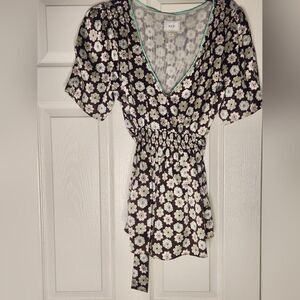 Eci New York 12 Brown FloralPrint  100% SILK Ruffle BeltElasticWaist WomenBlouse